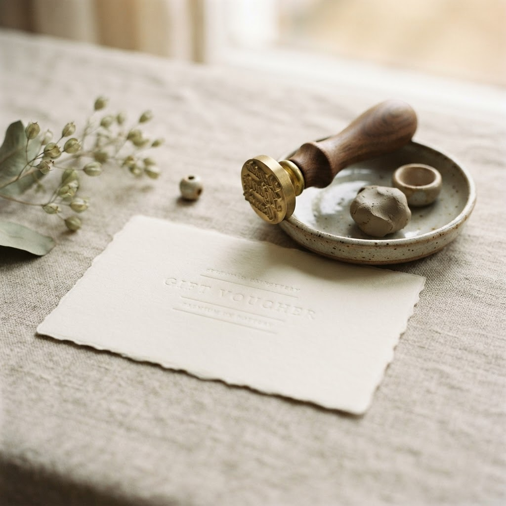 A Pottery Stamps gift voucher card beside a solid brass pottery stamp and clay dish